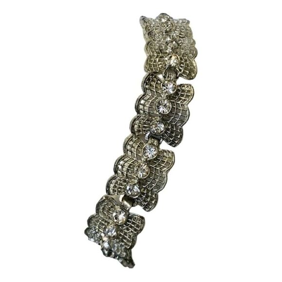 Vintage Shimmer Crystal Silver Tone Lace Webbed Metal Chain Link Bracelet 7.5” - Picture 3 of 7